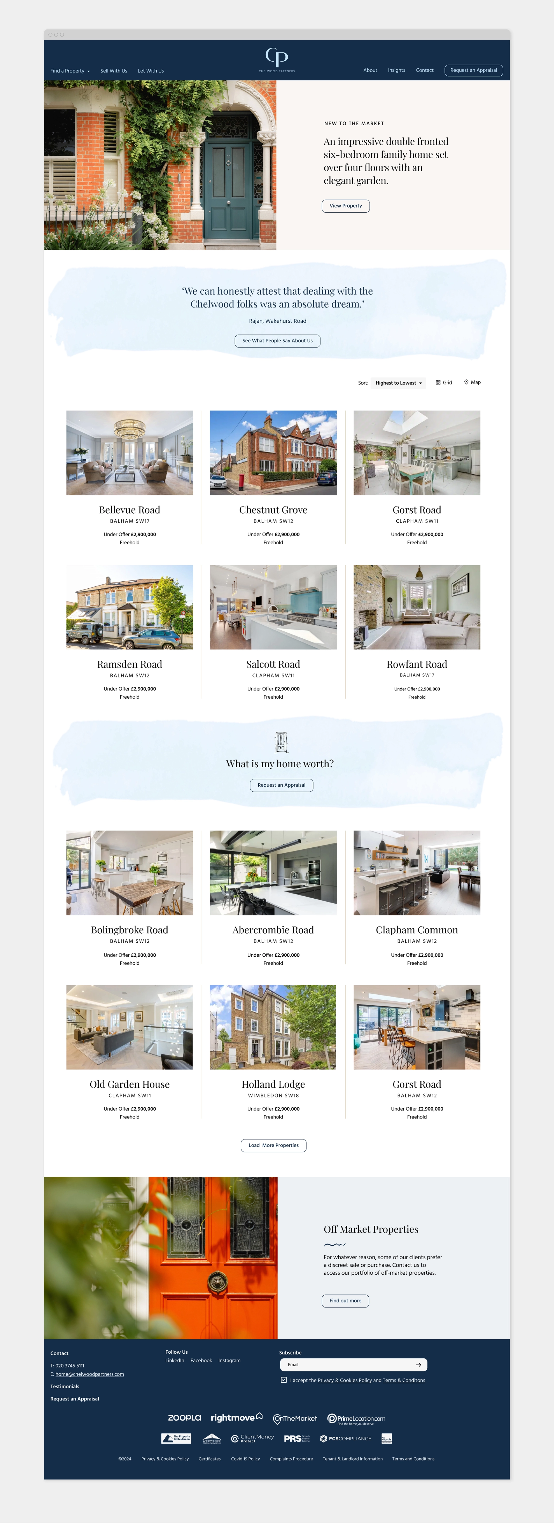 Screenshot of the Chelwood Partners website homepage, featuring a clean and modern design with a light background and blue accents. The page includes a large header image of a property with a green door and climbing vines, followed by a brief text description. Below, a quote is displayed in a light blue watercolour-style box. The page continues with a grid of property listings, each with an image and address, and a section titled 'What's my home worth?' with a button. The bottom of the page features a footer with contact information, social media links, and partner logos. This image showcases the website design for estate agents, highlighting the use of high-quality property images, a user-friendly layout, and community-focused elements.