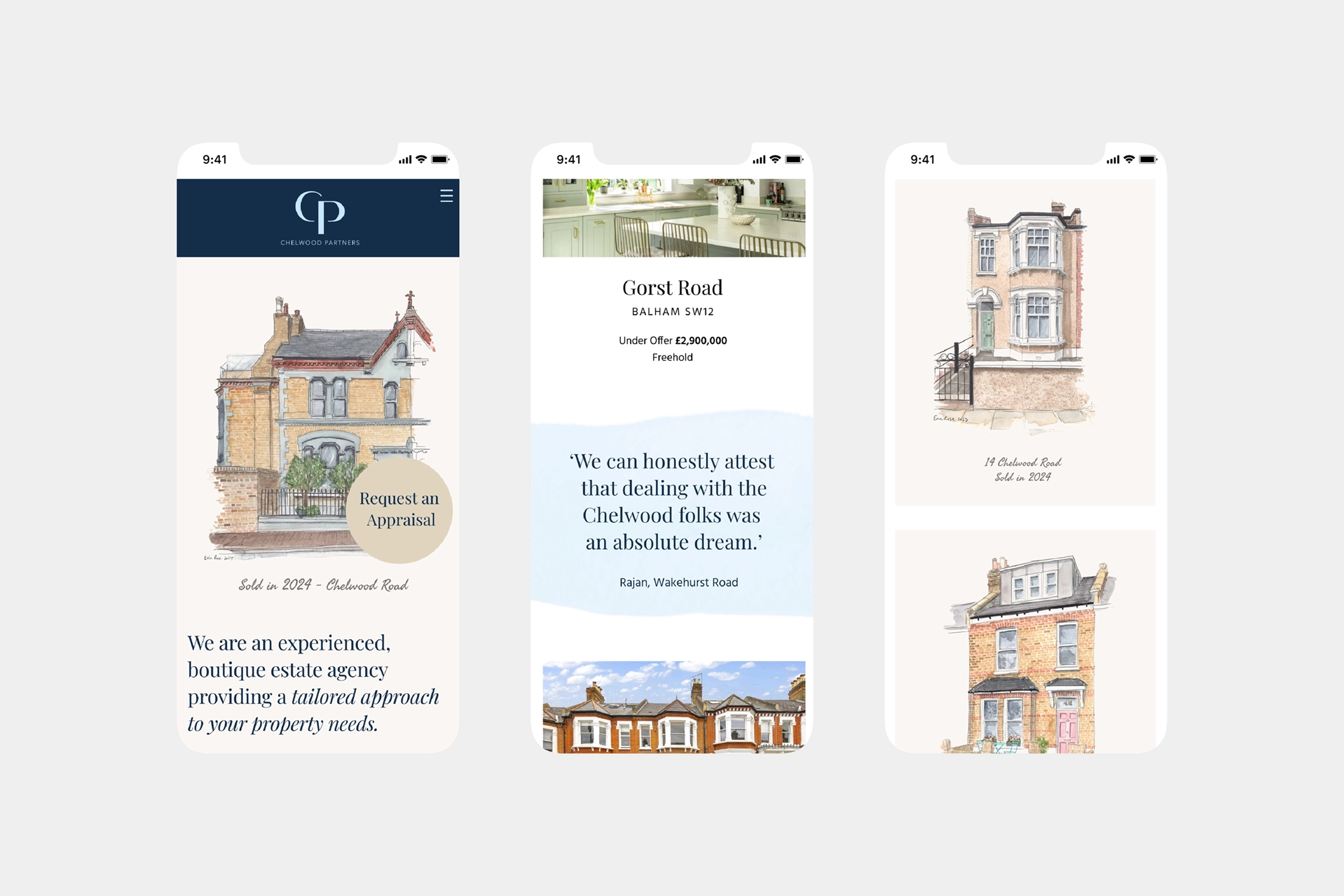 Three mobile phone mockups displaying the Chelwood Partners website on a light gray background. The left mockup shows the homepage with a watercolour-style illustration of a property, the Chelwood Partners logo, a hamburger menu icon, a 'Request an Appraisal' button, and a brief description of the agency. The middle mockup shows a property listing with a photo, address, price, a testimonial quote in a light blue watercolour box, and a 'Sold' banner. The right mockup shows two property listings with watercolour-style illustrations and 'Sold' banners. These mockups demonstrate the responsive website design for estate agents, showcasing the mobile-friendly layout and use of watercolour illustrations and testimonials.