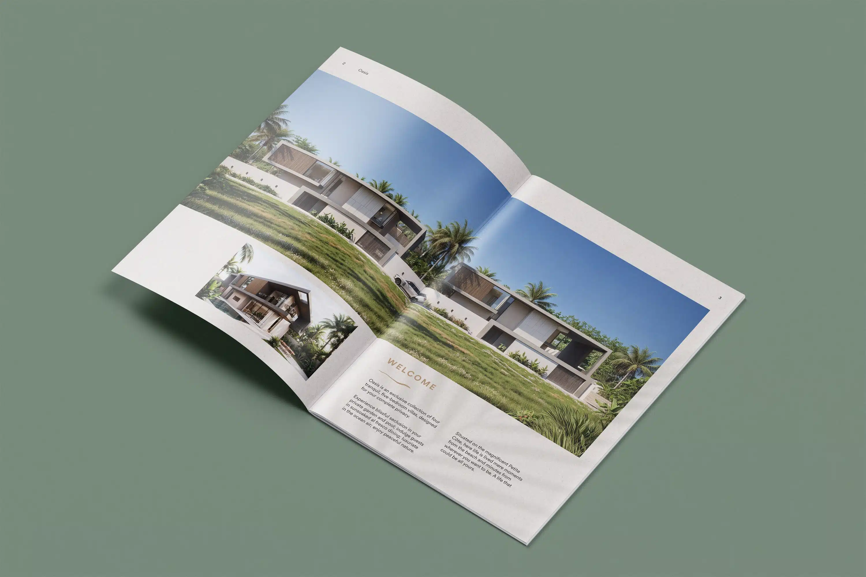 Open spread of the Dune Signature Oasis brochure, featuring a large photograph of the villas on a green lawn with palm trees against a blue sky. A smaller inset photograph shows a villa's interior. The word 'WELCOME' is visible in the bottom left corner, along with paragraphs of text. The brochure is shown at an angle on a grey-green background. This image showcases the luxury property brochure design, using high-quality architectural photography and a clean layout to highlight the villas' design and location.
