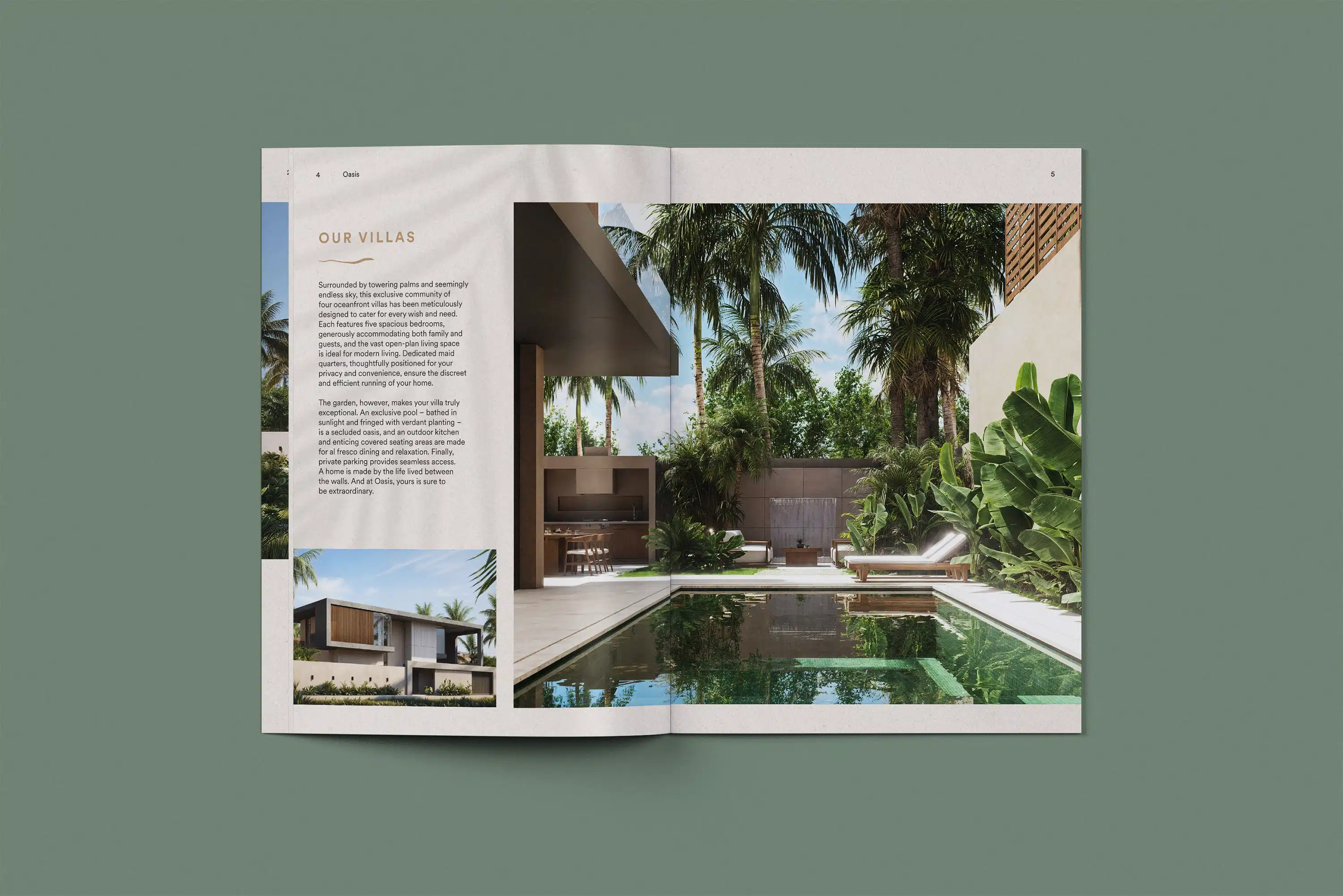 Open spread of the Dune Signature Oasis brochure, featuring a large photograph of a villa's outdoor area with a swimming pool, patio, and palm trees. A smaller inset photograph shows a different angle of the villa's exterior. The text 'OUR VILLAS' is visible at the top left, followed by paragraphs of descriptive text. The brochure is shown at an angle on a grey-green background.