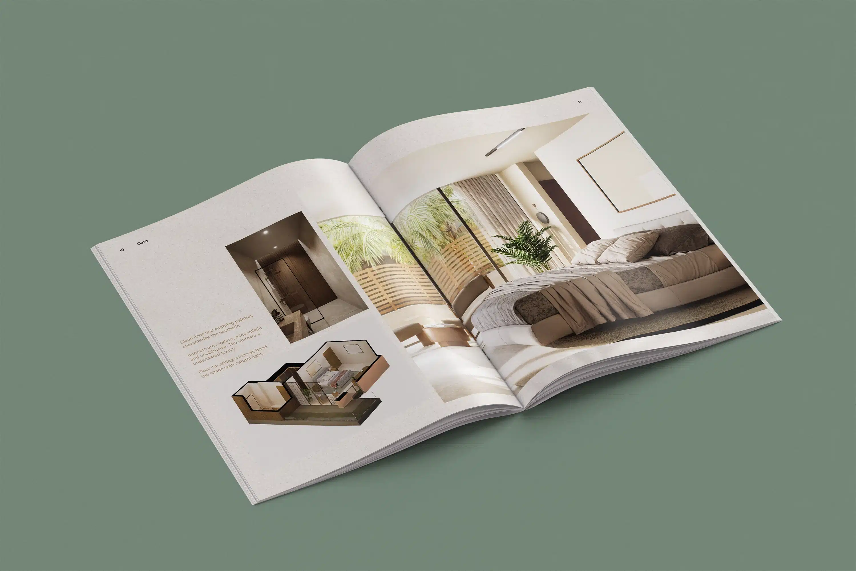 Open spread of the Dune Signature Oasis brochure, featuring photographs of villa bedroom details. The right page shows a large photograph of a bedroom with a bed, pillows, a throw blanket, and a plant. The left page features two smaller inset photographs: one shows a bathroom vanity and the other shows a seating area with a chair and a small table. Paragraphs of text are visible on the left page. The brochure is shown at an angle on a grey-green background. This image showcases the luxury property brochure design, using detailed interior photography and a clean layout to highlight the villas' bedroom and bathroom amenities.