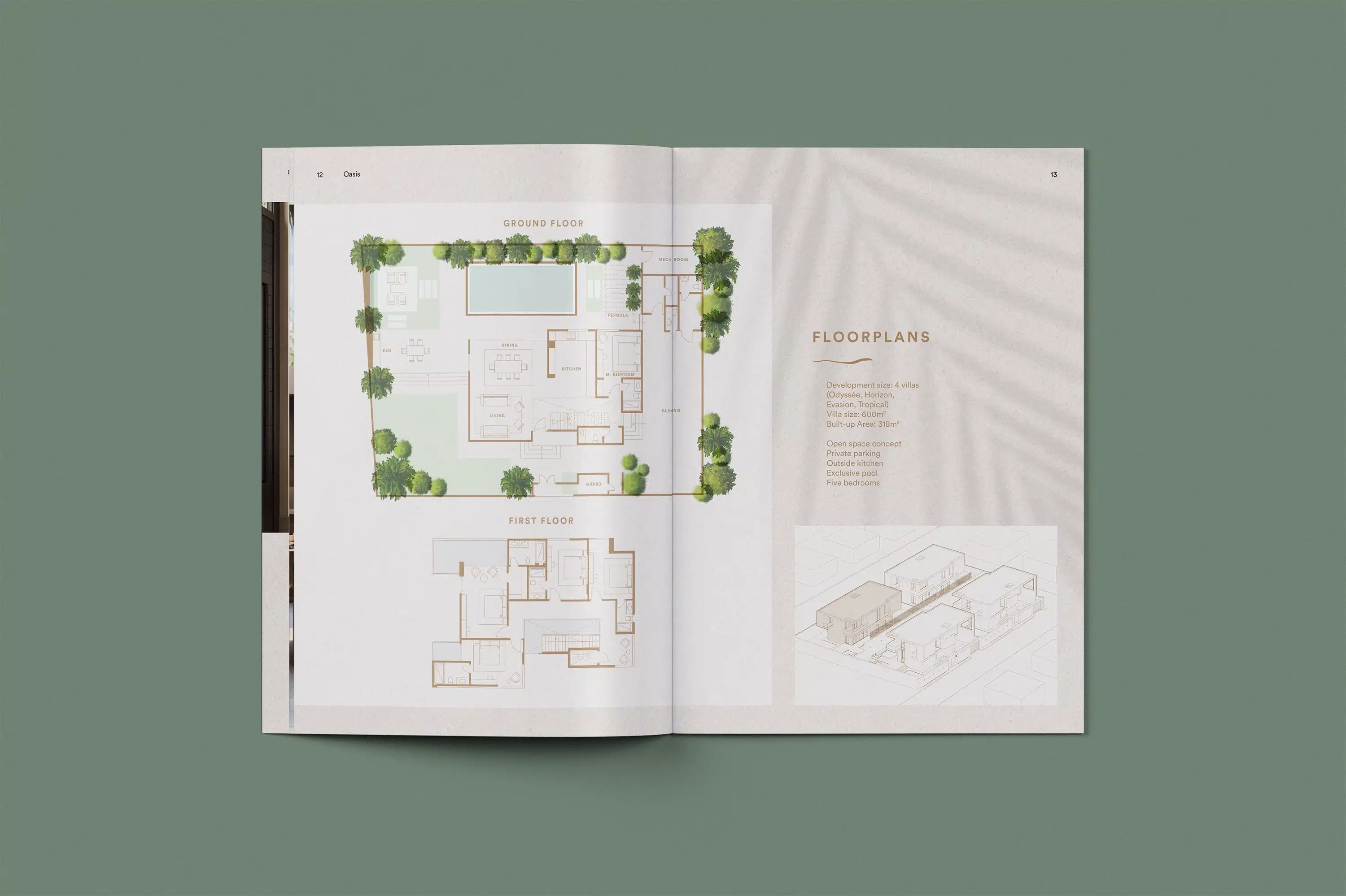 Open spread of the Dune Signature Oasis brochure, featuring floor plans of the villas. The left page shows a detailed plan of the ground floor and first floor layouts, including rooms, a swimming pool, and trees. The right page features the text 'FLOORPLANS' in a gold script font, followed by paragraphs of descriptive text and a smaller 3D rendering of the villa layout. A faint palm tree shadow pattern is visible on the right page. The brochure is shown at an angle on a grey-green background. This image showcases the luxury property brochure design, using detailed architectural plans and renderings to provide potential buyers with a clear understanding of the villa layouts.