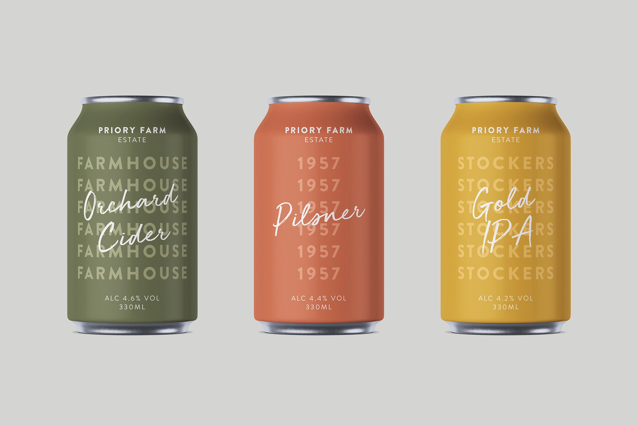 Three Priory Farm Estate beer cans side-by-side against a light grey background. The left can is green with the text 'FARMHOUSE' repeated several times with 'Orchard Cider' in a script font overlaid on top. The middle can is orange with the text '1957' repeated and 'Pilsner' in a script font. The right can is yellow with the text 'STOCKERS' repeated and 'Gold IPA' in a script font. All three cans feature the 'P f' logo and 'PRIORY FARM ESTATE' text at the top.