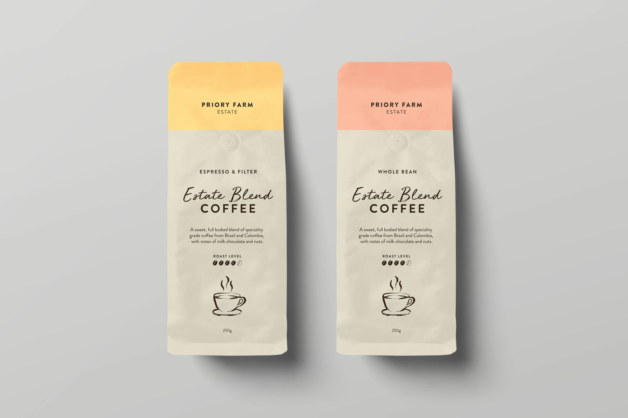 Two Priory Farm Estate coffee bags on a light grey background. The left bag has a yellow top and the text 'ESPRESSO & FILTER' and 'Estate Blend COFFEE' in a script font. Below, it says 'A sweet, full-bodied blend of speciality grade coffee from Brazil and Colombia, with notes of milk chocolate' and features a 'ROAST LEVEL' graphic with four full coffee bean icons and a line-art illustration of a coffee cup. The right bag has a peach top and the text 'WHOLE BEAN' and 'Estate Blend COFFEE' in a script font. Below, it says 'A sweet, full-bodied blend of speciality grade coffee from Brazil and Colombia, with notes of milk chocolate' and features a 'ROAST LEVEL' graphic with five full coffee bean icons and a line-art illustration of a coffee cup. Both bags feature the 'P f' logo and 'PRIORY FARM ESTATE' text at the top and '250g' at the bottom. These bags showcase the Priory Farm Estate packaging for their different coffee blends, using distinct colours and roast level indicators to differentiate each variety.