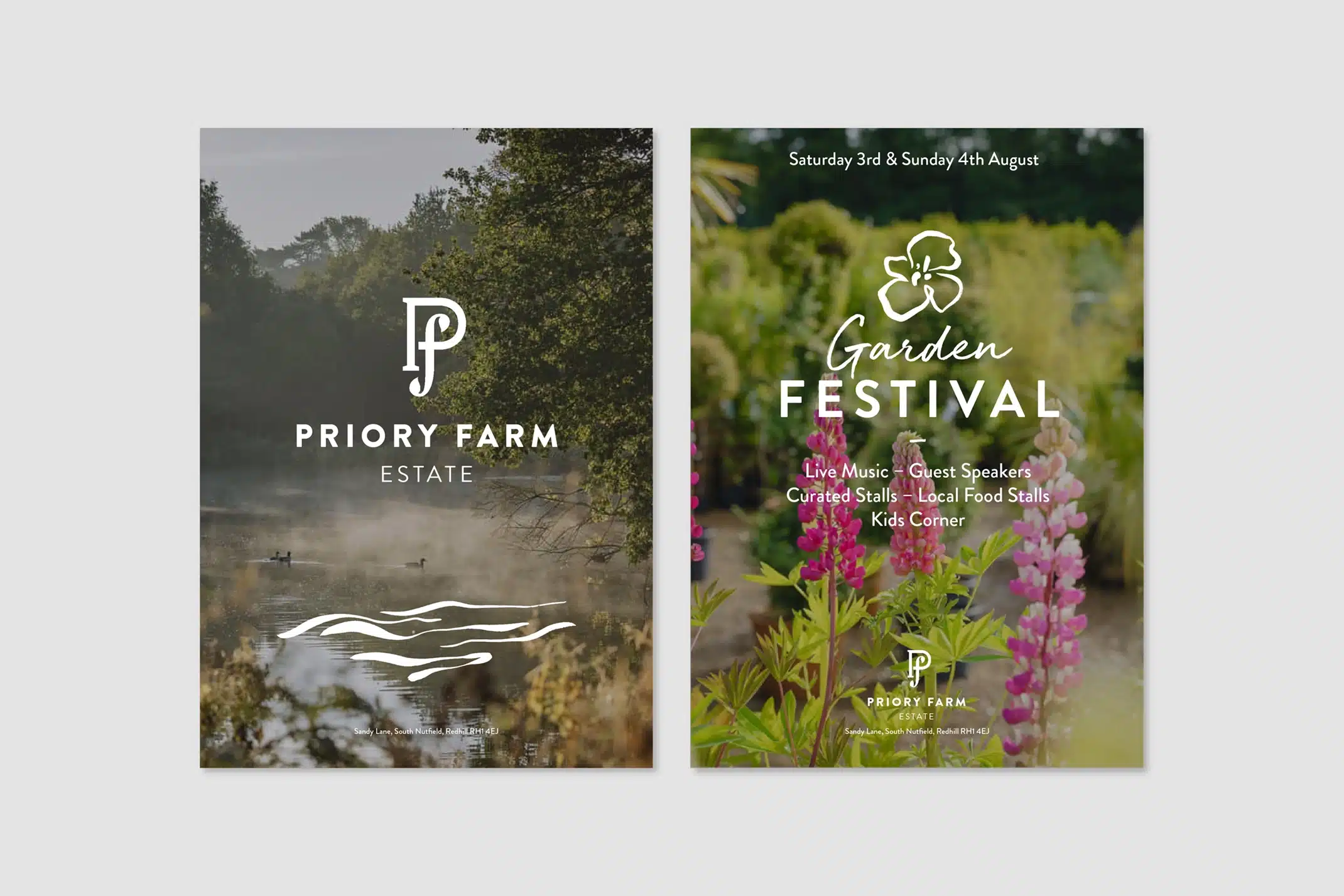 Two Priory Farm Estate Garden Festival posters side-by-side against a light grey background. The left poster features a blurred landscape photo of a river with the Priory Farm 'P f' logo and 'PRIORY FARM ESTATE' text. The right poster features a blurred photo of pink flowers and greenery with the text 'Garden FESTIVAL' in a script font, the dates 'Saturday 3rd & Sunday 4th August', and a list of event features: 'Live Music - Guest Speakers Curated Stalls - Local Food Stalls Kids Corner'. Both posters include the Priory Farm 'P f' logo. These posters demonstrate the application of the estate brand development to event promotion, using photography, typography, and the brand logo to create visually appealing and informative materials.