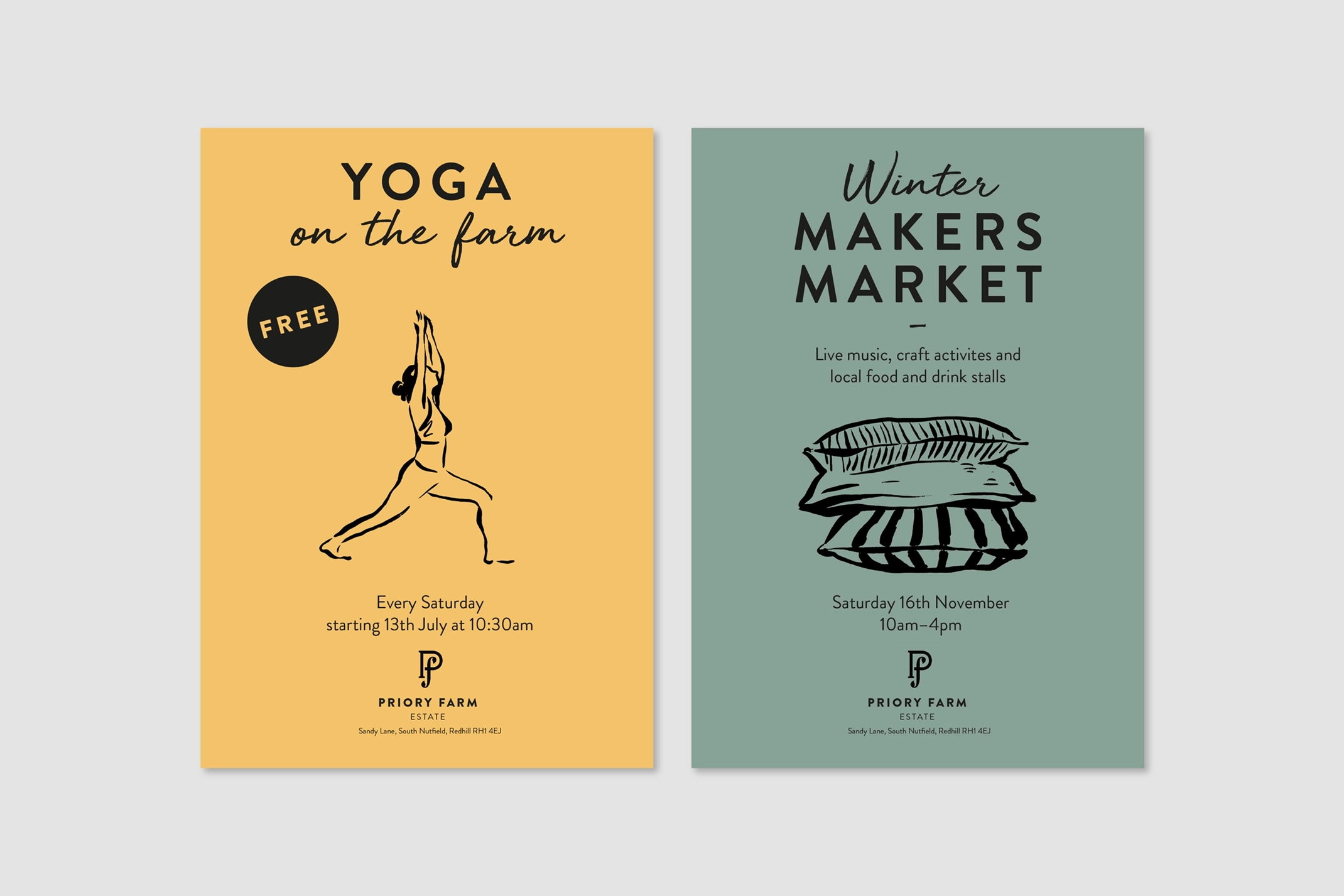 Two Priory Farm Estate event posters side-by-side against a light grey background. The left poster has a yellow background with the text 'YOGA on the farm' in black, a black line-art illustration of a yoga pose, a 'FREE' badge, and the text 'Every Saturday starting 13th July at 10:30am'. The right poster has a green background with the text 'Winter MAKERS MARKET' in black, a black line-art illustration of stacked pillows, and the text 'Live music, craft activities and local food and drink stalls' and 'Saturday 16th November 10am-4pm'. Both posters include the Priory Farm 'P f' logo and 'PRIORY FARM ESTATE' text. These posters demonstrate the application of the estate brand development to event promotion, using distinct colours, illustrations, and typography to create engaging and informative materials.