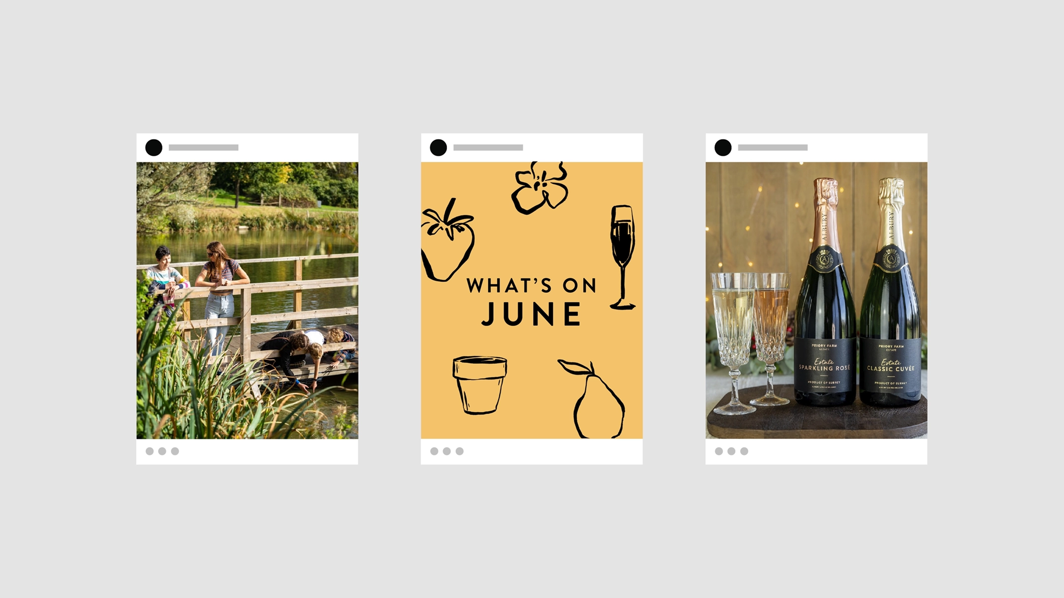 Three mockups of Instagram posts for Priory Farm Estate against a light grey background. The left post shows a photo of two people looking over a wooden fence at animals by a pond. The middle post has a yellow background with black line-art illustrations of a strawberry, flower, champagne flute, plant pot, and pear, and the text 'WHAT'S ON JUNE'. The right post shows two bottles of Priory Farm Estate sparkling wine and two filled crystal glasses on a wooden surface with warm, out-of-focus lights. All three posts have a white frame with a black circle at the top and three grey dots at the bottom, simulating the Instagram post interface. These mockups showcase the Priory Farm Estate content for social media, highlighting the variety of visuals and themes used in their Instagram posts.