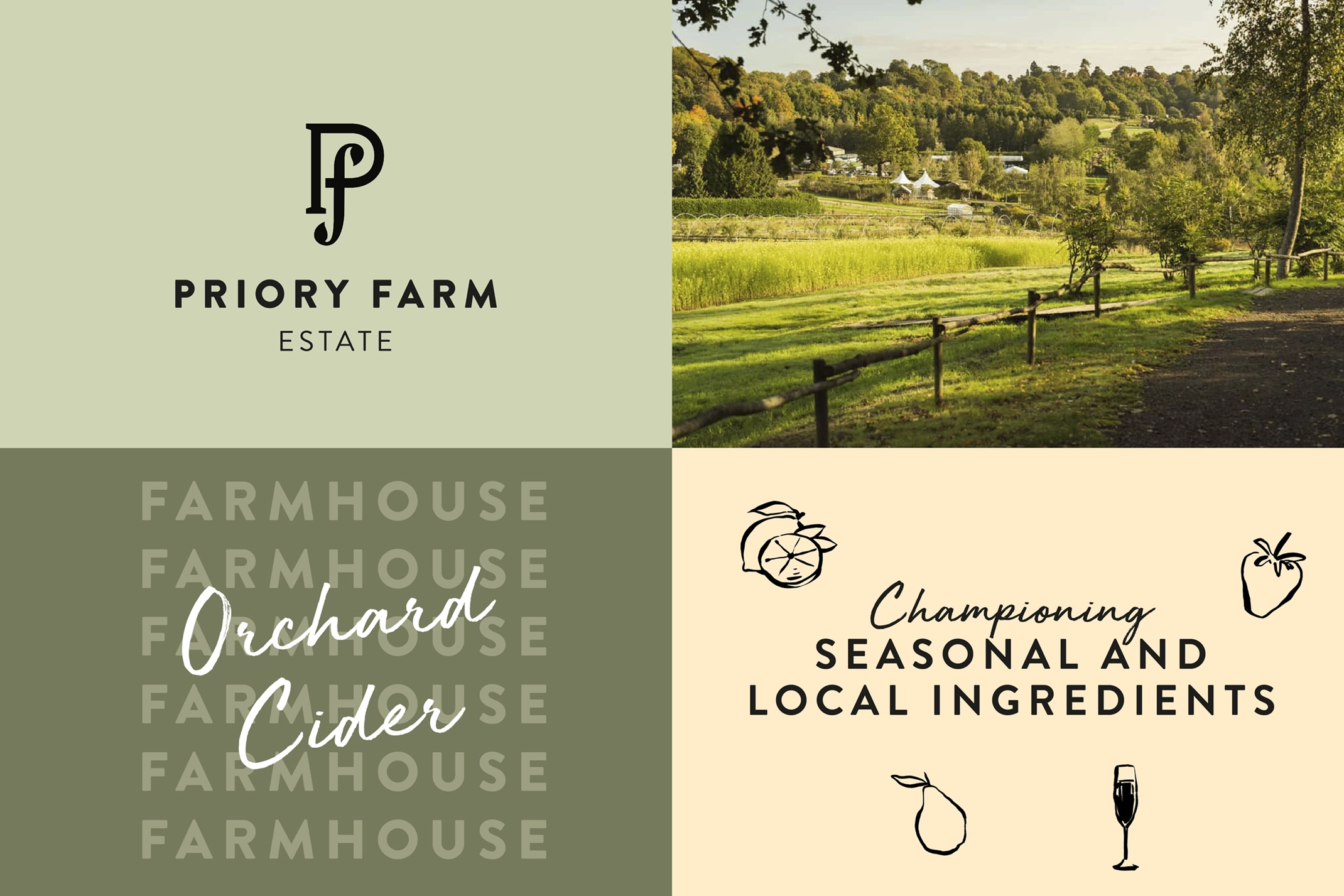 Collage of four images representing the Priory Farm Estate brand. Top left: The Priory Farm 'P f' logo and 'PRIORY FARM ESTATE' text on a light green background. Top right: A scenic landscape view of the estate with a path, fence, and trees. Bottom left: The word 'FARMHOUSE' repeated in a light grey font with 'Orchard Cider' in a script font overlaying it. Bottom right: The text 'Championing SEASONAL AND LOCAL INGREDIENTS' in a script font, accompanied by black line-art icons of a lemon slice, strawberry, pear, and champagne flute. This collage illustrates the visual elements of the Priory Farm Estate brand expansion work,