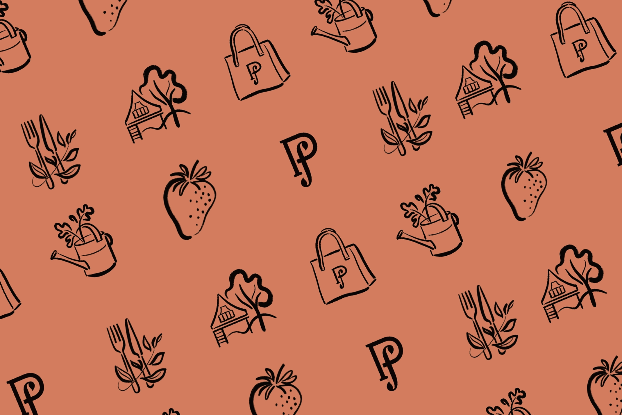 Repeataing pattern of black line-art icons on a light orange background, featuring the Priory Farm 'P f' logo, a shopping bag with the 'P f' logo, a watering can, a house with a tree, a fork and knife with leaves, and a strawberry. This pattern showcases the custom illustrations created as part of the estate brand development, designed to add visual interest and personality across various applications.